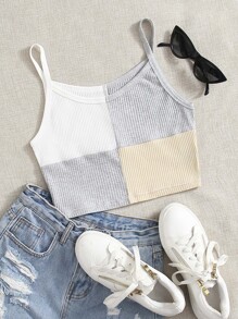 Rib Knit Color Block Crop Cami Top