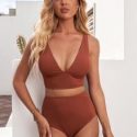 Rib V Neck High Waisted Bikini Swimsuit