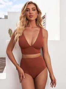 Rib V Neck High Waisted Bikini Swimsuit