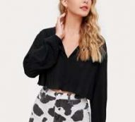 Rib-knit Lantern Sleeve Crop Tee