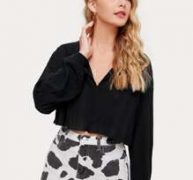 Rib-knit Lantern Sleeve Crop Tee