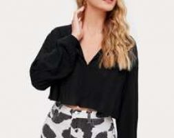 Rib-knit Lantern Sleeve Crop Tee