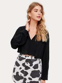 Rib-knit Lantern Sleeve Crop Tee