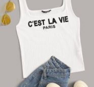 Rib-knit Slogan Graphic Tank Top