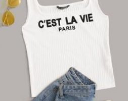 Rib-knit Slogan Graphic Tank Top