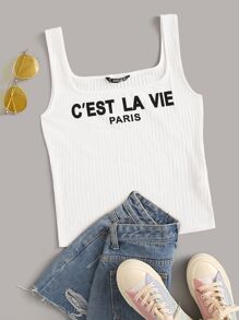 Rib-knit Slogan Graphic Tank Top