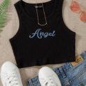 Ribbed Angel Graphic Cropped Tank Top