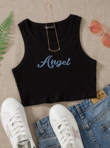 Ribbed Angel Graphic Cropped Tank Top