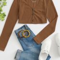 Ribbed Button-Front Long Sleeve Cropped Tee