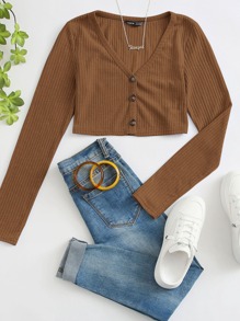 Ribbed Button-Front Long Sleeve Cropped Tee