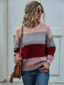 Ribbed Colorblock Drop Shoulder Sweater