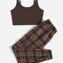 Ribbed Crop Cami & Plaid Joggers