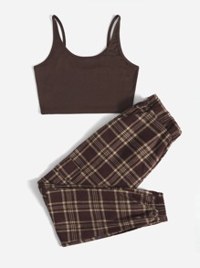 Ribbed Crop Cami & Plaid Joggers