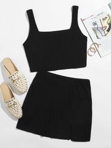 Ribbed Cropped Tank Top & Mini Skirt Set