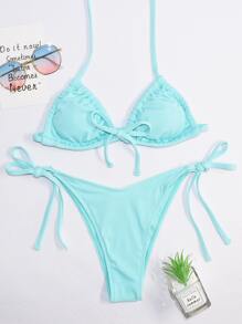 Ribbed Drawstring Tie Side Bikini Swimsuit