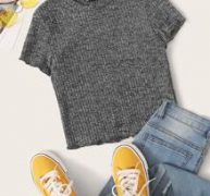 Ribbed Heathered Knit Lettuce-Edge Tee