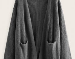 Ribbed Knit Drop Shoulder Dual Pockets Cardigan