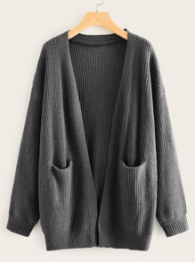 Ribbed Knit Drop Shoulder Dual Pockets Cardigan