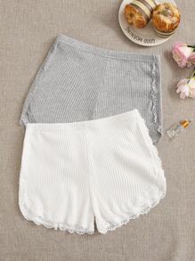 Ribbed Lace Trim Shorts Set - 2 Pack