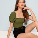 Ribbed Lettuce-Edge Puff Sleeve Top