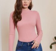 Ribbed Mock Neck Form-Fitting Sweater