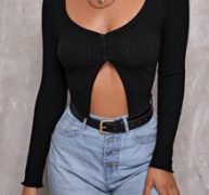 Ribbed Partial Button-Front Tee