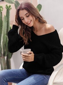 Ribbed V-Neck Dropped Shoulder Sweater