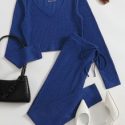 Ribbed V-Neck Tee & Drawstring Leggings Set