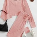 Ribbed V-Neck Tee & Drawstring Leggings Set