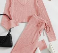 Ribbed V-Neck Tee & Drawstring Leggings Set