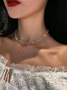 Ring Faux Pearl Layered Necklace