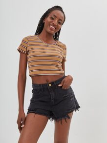 Ripped Detail Frayed Trim Denim Shorts