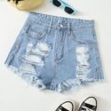 Ripped Raw Hem Denim Shorts