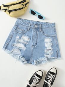 Ripped Raw Hem Denim Shorts