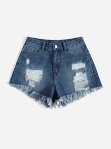 Ripped Raw Hem Denim Shorts