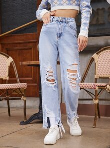 Ripped Raw Hem Straight Leg Jeans