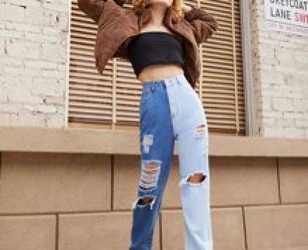 Ripped Two Tone Straight Leg Jeans