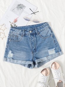 Roll Hem Ripped Denim Shorts