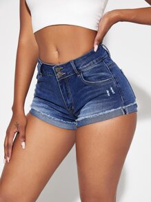 Roll Hem Ripped Detail Denim Shorts