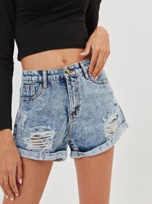 Rolled Hem Ripped Denim Shorts