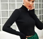 Rolled Neck Ribbed Knit Crop Sweater