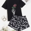 Rose & Skeleton Print Tee & Shorts PJ Set