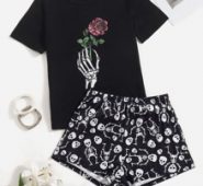 Rose & Skeleton Print Tee & Shorts PJ Set