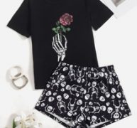 Rose & Skeleton Print Tee & Shorts PJ Set
