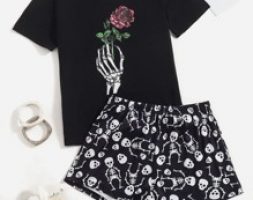 Rose & Skeleton Print Tee & Shorts PJ Set