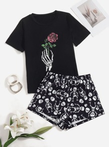 Rose & Skeleton Print Tee & Shorts PJ Set