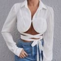 Ruched Bust Crisscross Tie Front Blouse