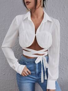 Ruched Bust Crisscross Tie Front Blouse