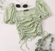 Ruched Drawstring Knot Shirred Crop Top