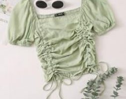 Ruched Drawstring Knot Shirred Crop Top